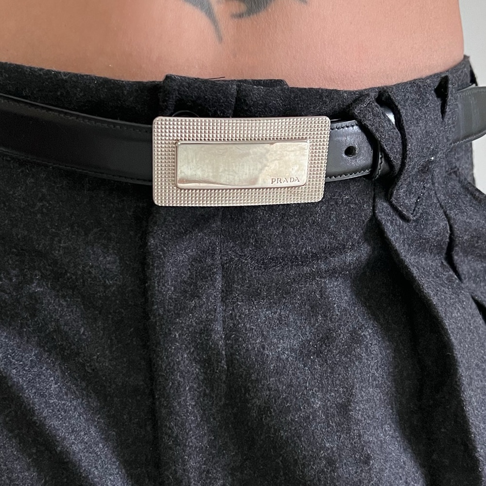 Authentic vintage Prada Black Leather Belt with Textured Silver Buckle